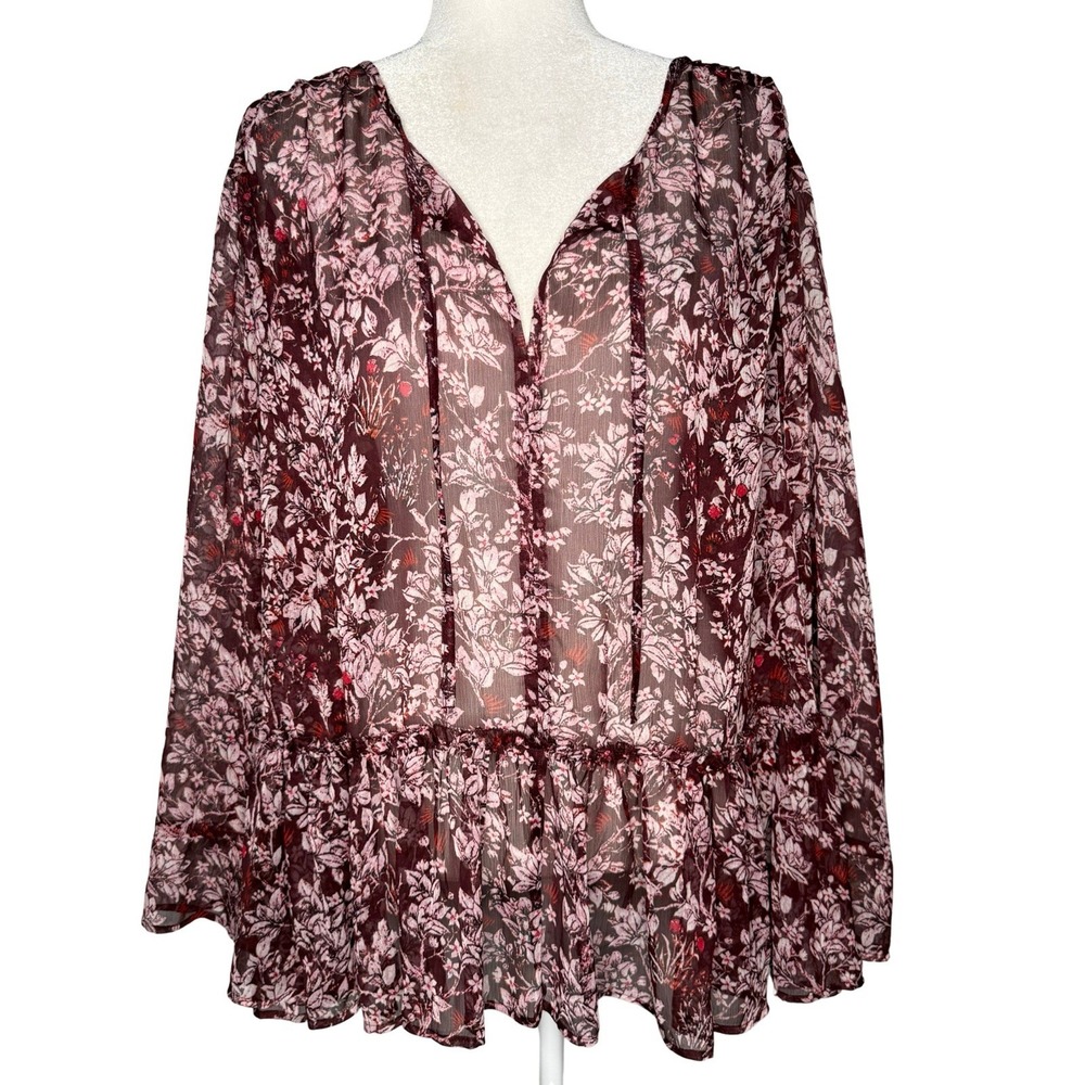 Lucky Brand 2X Sheer Floral Boho Tunic Peplum Popover Blouse Top Ruffle Burgundy